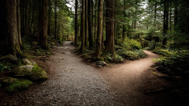 A dense forest offers a choice between two paths, one rugged and gravelly, the other smooth and lightened by sunlight filtering through the trees. The air feels fresh and vibrant