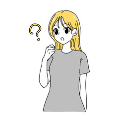 漫画テイストな首を傾げる女性のイラスト(イエロー×グレー)