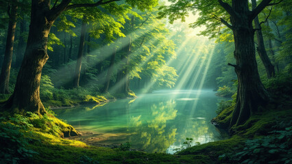 Obraz premium Serene forest landscape with light beams reflecting on tranquil lake water in nature