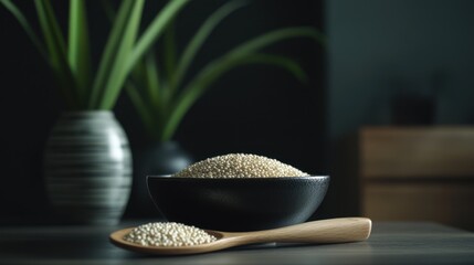 White sesame seeds in bowl, spoon, dark background