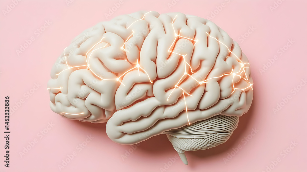 Poster 3d anatomical model of a brain, highlighted with glowing neural pathways. it's a pale peach color an