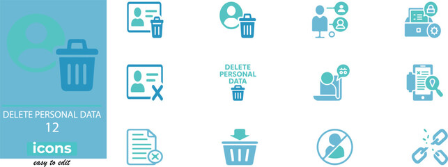 Minimal vector icons for deleting personal data, privacy protection, GDPR compliance, and digital security