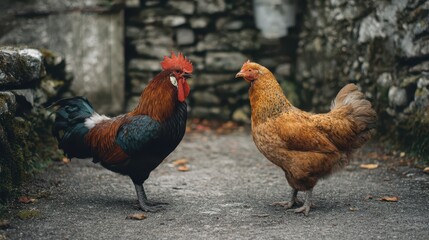 Fototapeta premium In a quaint farmyard during the evening, a colorful rooster engages with a hen, showcasing their natural behaviors in a peaceful rural environment surrounded by stone walls