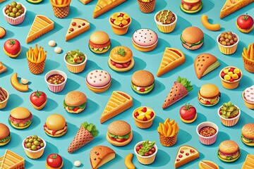Fototapeta premium Isometric Food Grid: Scalable Pattern of Delicious Dishes & Snacks for Restaurant Menu Design