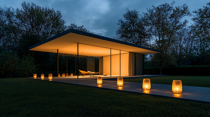 Modern Pavilion with Night Lights, and Garden.