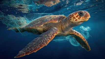 Obraz premium A sea turtle is seen struggling in clear ocean waters, entangled in plastic waste. This poignant moment highlights the urgent issue of marine pollution affecting wildlife