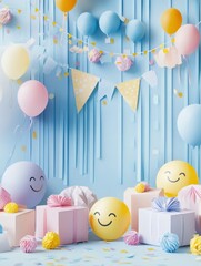Colorful birthday party setup with balloons, gifts, and decorations creating a festive atmosphere