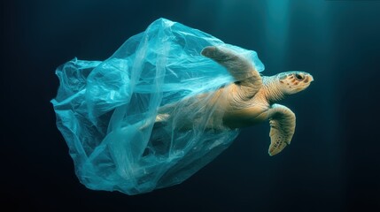 A sea turtle swims with plastic entangling its body, illustrating the dangers marine life faces from pollution in the ocean's depths. This scene captures the urgent need for conservation efforts