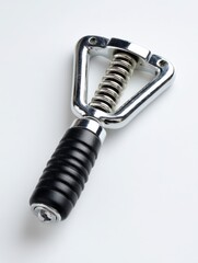 Chrome hand grip exercise tool on white background, ideal for fitness enthusiasts and trainers