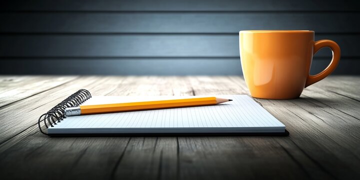 Still life featuring a notepad with a pencil and an orange mug on a wooden surface backdrop