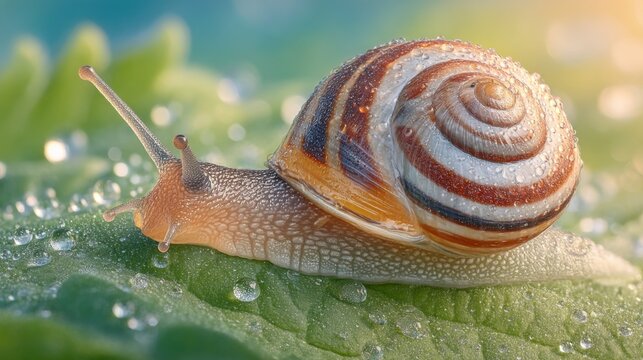 Close-up of a snail with a patterned shell on a green leaf with water droplets - Powered by Adobe