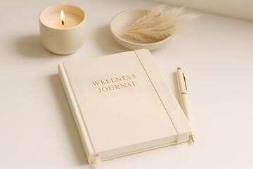 Top-down view of wellness journal and pen arranged on spa linens
