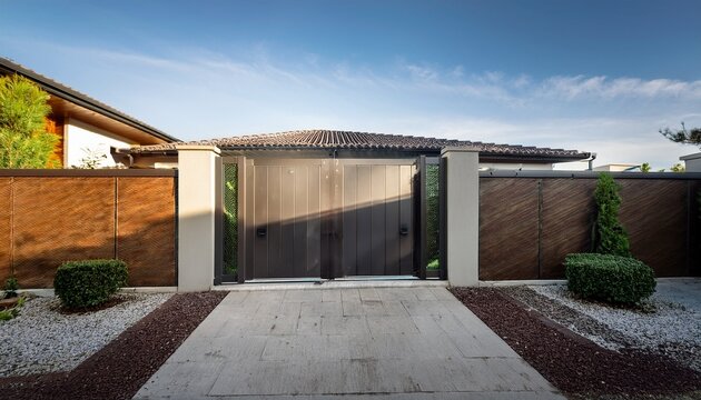 a main gate with a pivoting mechanism that opens outward in a sweeping motion creating a dramatic and welcoming entrance to the modern house in