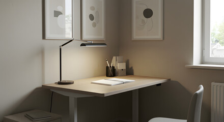 Minimalist Home Office Desk: A contemporary home office with a minimalist aesthetic, featuring a sleek desk lamp illuminating a tidy workspace with a wooden desk, a chair, and framed artwork.