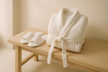 Product-focused image showing white bathrobe and slippers on bench for wellness concept