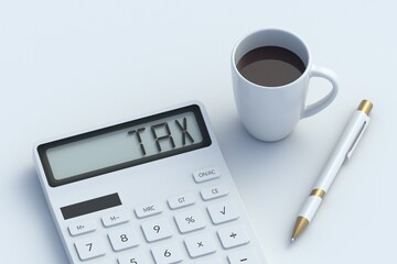 Tax word on calculator on office workspace. Financial concept. Money refund and compensation. Rate and rules. Accounting report. 3d render