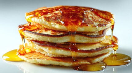 Fluffy pancakes are layered high, glistening with warm, golden maple syrup. The delicious breakfast treat sits invitingly on a white plate, ready to be enjoyed