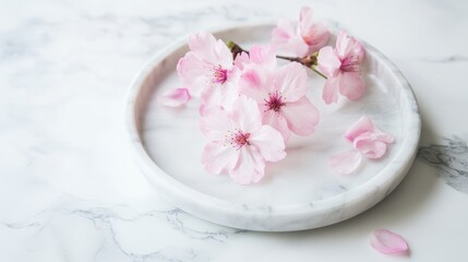 Pink cherry blossoms on marble tray, spring scene, table setting, food photography