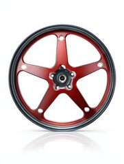 Obraz premium Vibrant red five-spoke wheel against a clean white background, showcasing modern design and craftsmanship