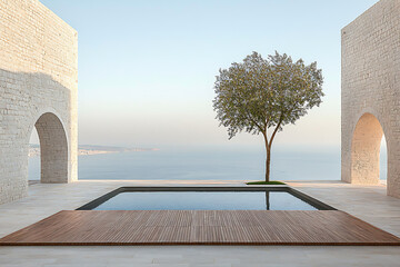 Modern villa with sea view, pool, and tree.