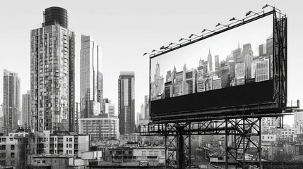 Urban Landscape with Billboard and City Skyline in Black and White