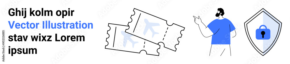Poster event tickets and shield with lock representing security, alongside man pointing. ideal for online e