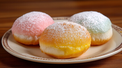 Three donuts with powdered sugar on top