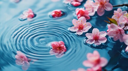 Pink cherry blossoms floating on calm blue water, tranquil scene, spa background