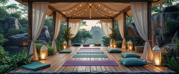 Serene yoga pavilion illuminated by lanterns in a tranquil forest setting for wellness.