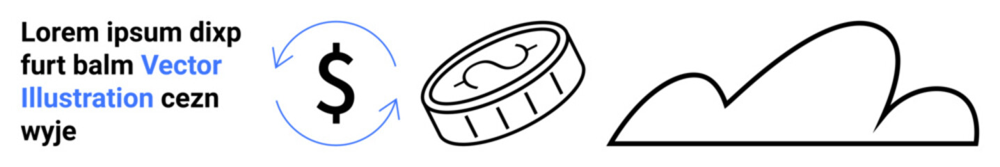 Dollar icon with circular arrows, coin, and a simple cloud outline. Ideal for finance, transactions, cloud computing, money exchange, economy, digital currency and simple landing page