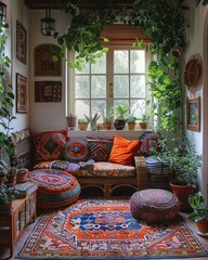 Cozy bohemian sunroom interior.
