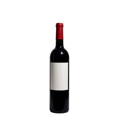 A sleek, dark red wine bottle with a blank label and a vibrant red cap stands against a transparent background.