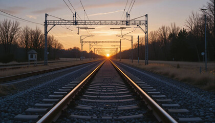 Sunset View Along the Railway Tracks in a Rural Setting With Trees and Grass Under a Vibrant Sky