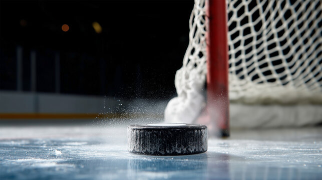A hockey puck is on the ice
