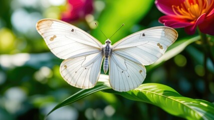 Naklejka premium Thai Butterfly Resting on Blossom and Green Leaf