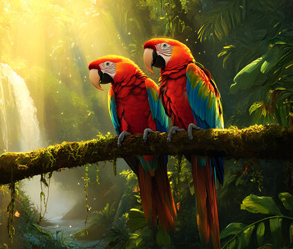 Two Scarlet Macaws Perched on a Branch in a Lush Jungle Setting