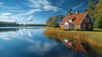 Peaceful lakeside home under a beautiful sky