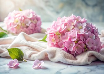 Long Exposure Pink Hydrangea & Pastel Blanket on Marble
