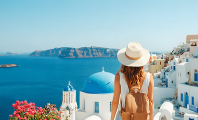 An young and beautiful woman standing with Santorini's view in front of her..
