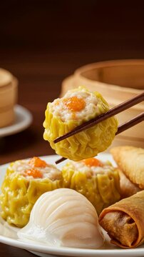 Close Up Of Yellow Steamed Dumplings With Chopsticks On Wooden Table