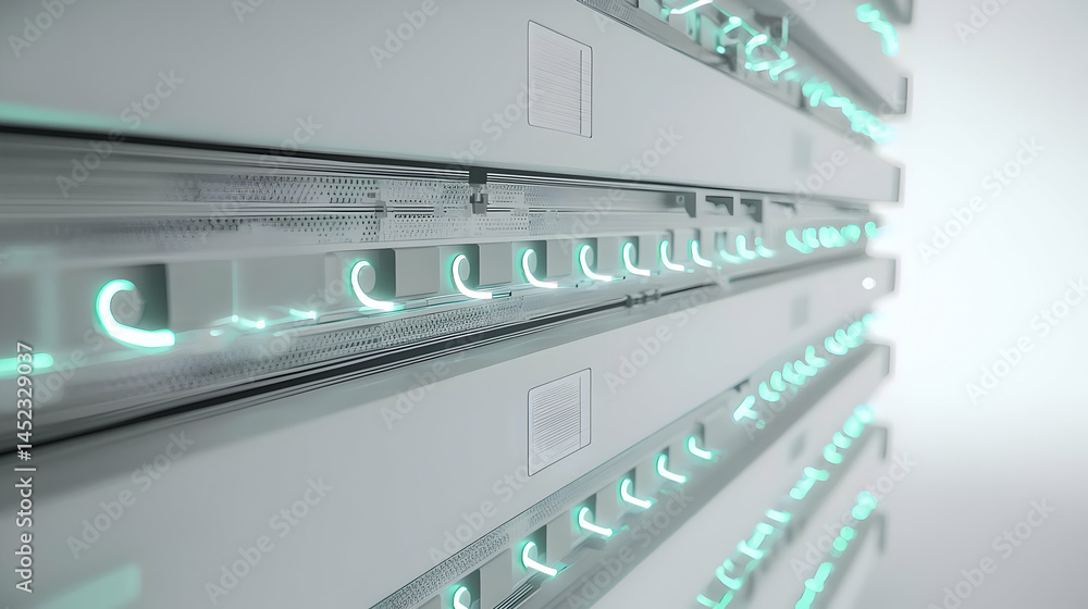 Poster futuristic server rack with glowing components. rows of white server units with illuminated teal lin
