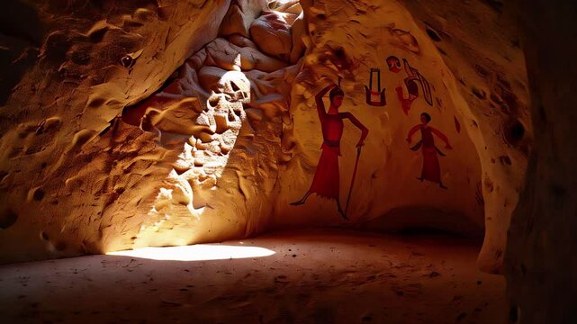 Ancient cave paintings, illuminated by sunlight, depicting human figures, for historical presentations