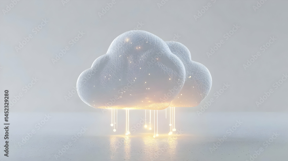 Poster two soft, white clouds with glowing light streams cascading down. abstract cloud computing
