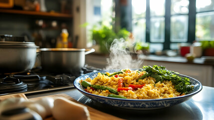 Delicious and freshly prepared rice dish in a cozy kitchen environment