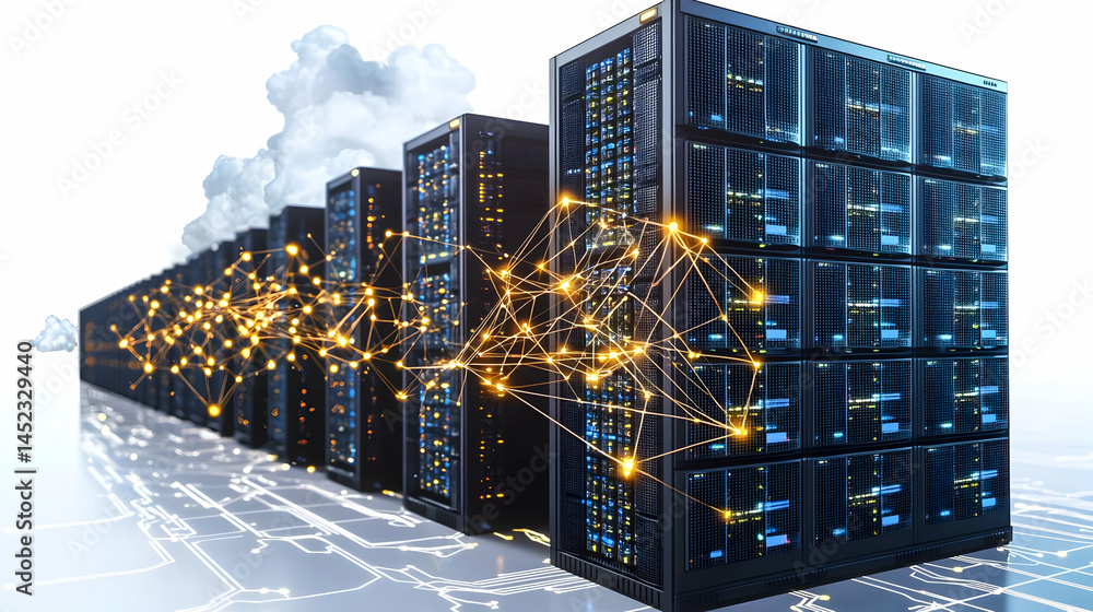 Aufkleber server racks connected by glowing network lines, suggesting a cloud computing data center. rows of d