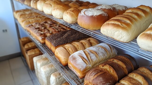 Bakery shop with assortment of bread on shelves. High quality photo