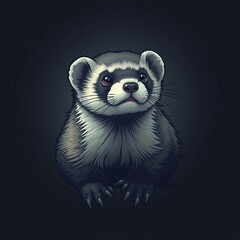 Stilisierte schwarz-wei&szlig;e Zeichnung eines Frettchens mit wachem Blick &ndash; minimalistisch und markant auf schwarzem Hintergrund.