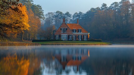 Picturesque autumn home by a tranquil lake.  