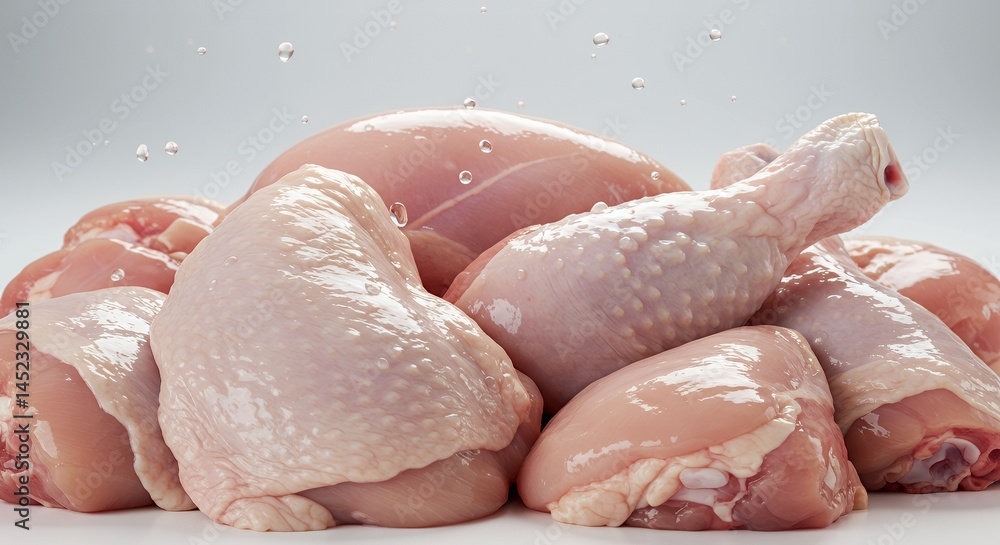 Poster close up raw chicken pieces displaying texture and freshness in clean white background with studio l