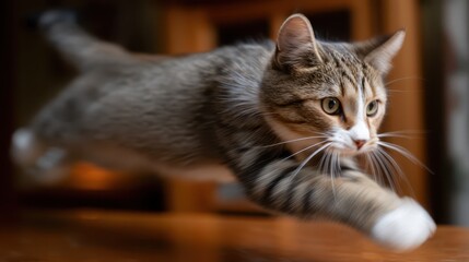 Feline creature energetically launches itself through the air, demonstrating agility and speed. The setting is cozy and warm, highlighting the playful nature of the cat during its leap